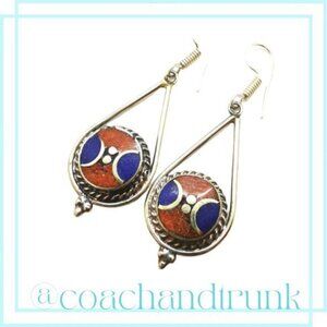Lapis Lazuli Coral Inlay Handcrafted Tear Water Drop Earrings NWOT